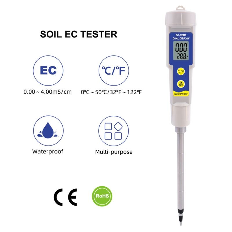 EC-315 2 in 1 Multi-Purpose Soil EC Tester Waterproof Soil Meter Multipurpose Conductivity Tester for Lab Aquarium Soil