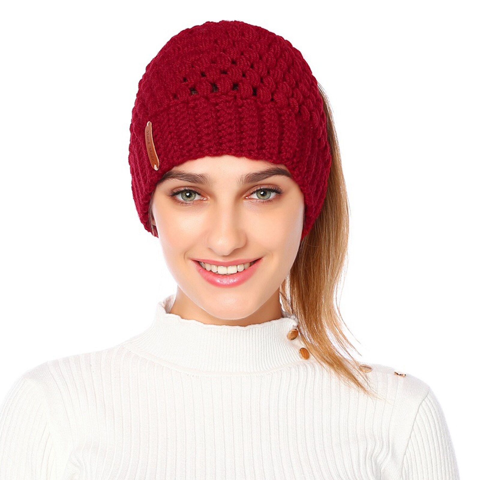 Beanie Hat Tail Stretch Cable Knit Messy High Bun Ponytail Beanie Hats Earmuff: Red