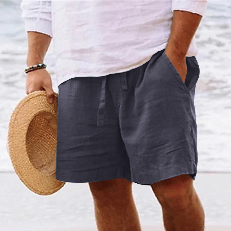 Pantalones cortos de lino y algodón para hombre, Bermudas de cinco puntos, cintura elástica con cordón, pierna recta, Color sólido, transpirables, uso diario en la playa: M / Gris oscuro