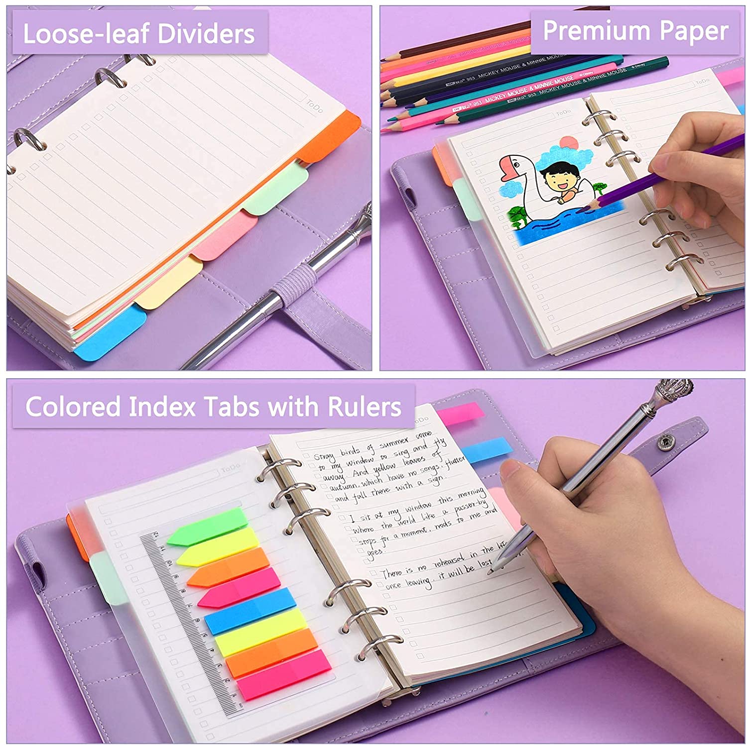 15 Pieces A6 PU Leather Notebook Binder Budget Planner Envelopes System with Zipper Pockets, Binder Dividers,Neon Page Markers