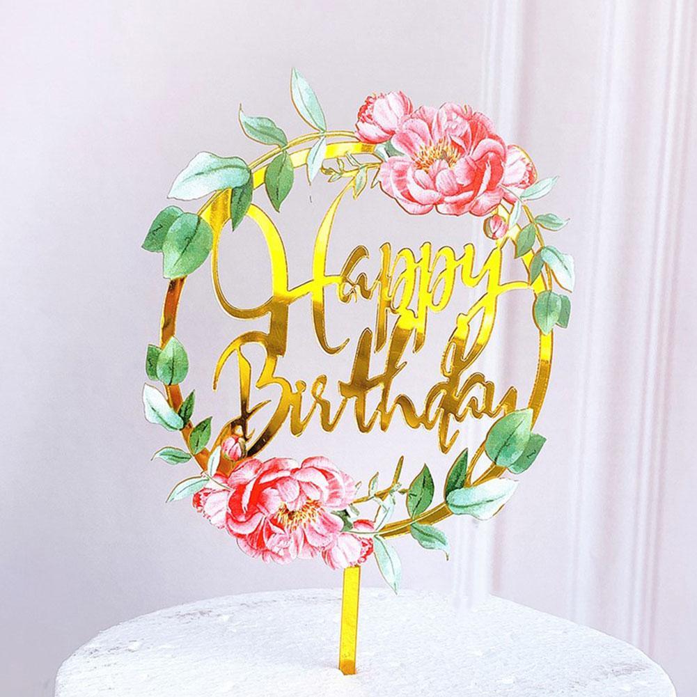 Happy Birthday Cupcake Toppers Colored Flowers Acrylic Baking Dessert Kids Party Decorations Supplies Topper Party Ca R9P5