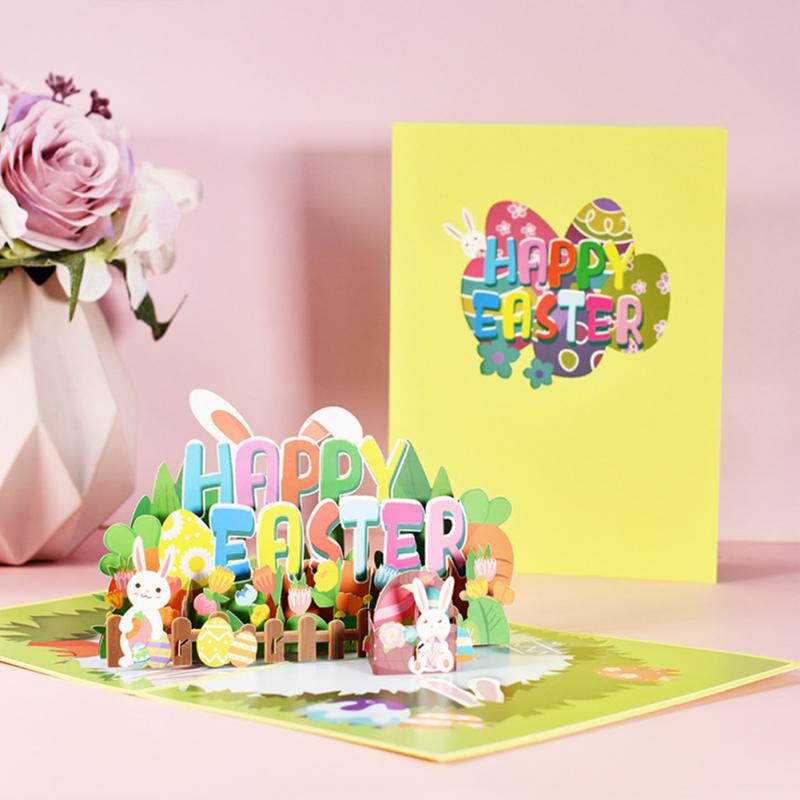 3D Happy Easter Greeting Card Personality Bunny Egg Flowers Basket 3D Three-dimensional Easter Blessing Cards For Kids Card