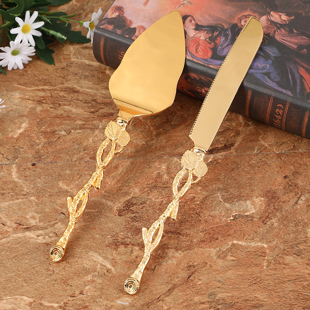 Konco Kuchenmesser- und Serverset, 2-teiliges goldenes Kuchenschneideutensilien, gravierter Kuchenschneider und Serverspatel für sterben Hochzeitsfeier: Himmel Blau