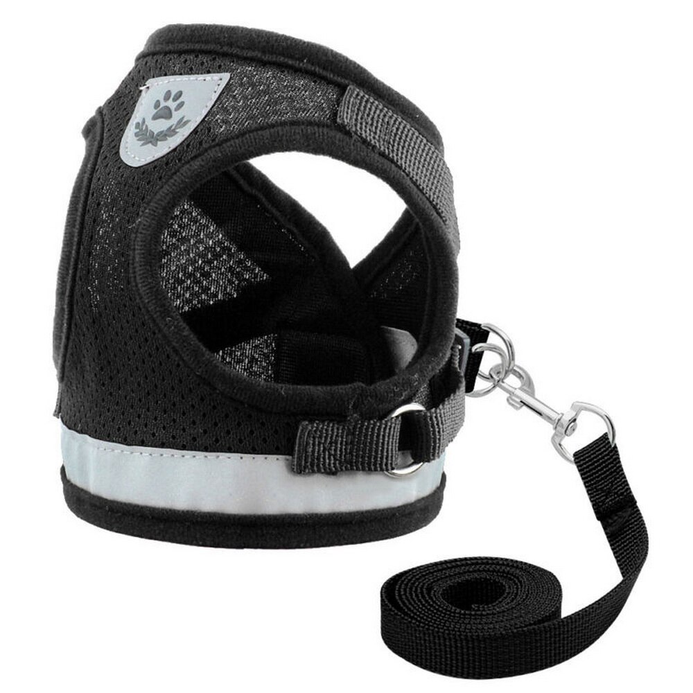 Reflekterende hundesele og båndsett nylon mesh valper hunder Vest sele ledninger kjæledyr klær til små hunder: Svart / M