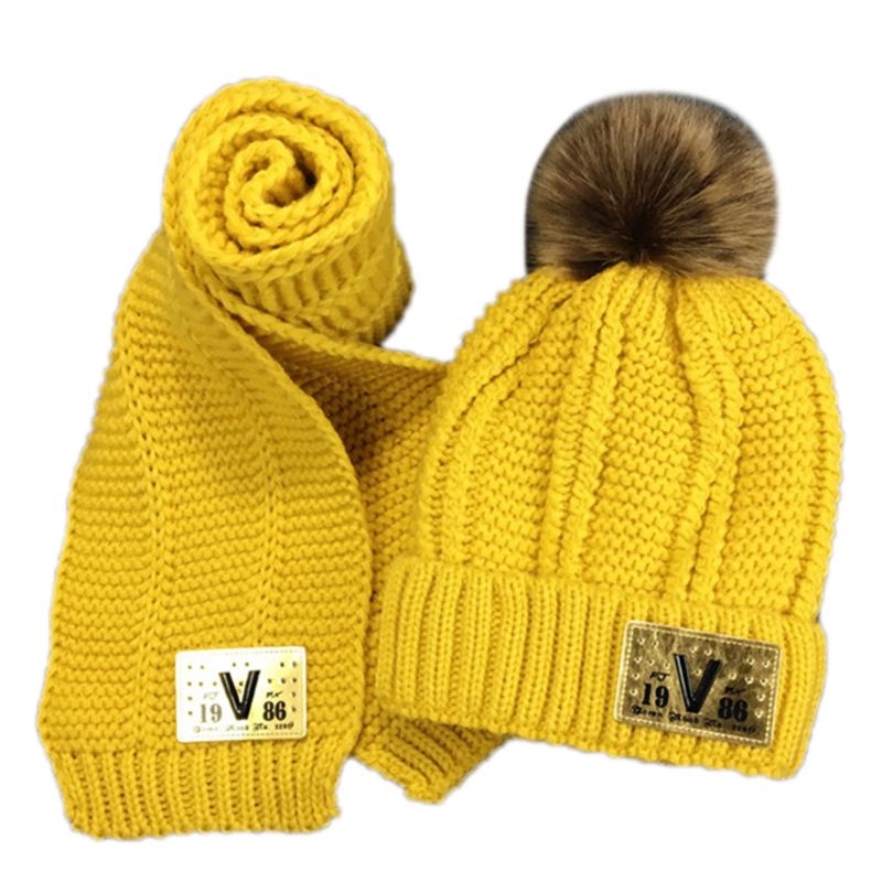 Småbørn børn vinter chunky hæklet pompon varm foring beanie hat langt tørklæde sæt: Gul