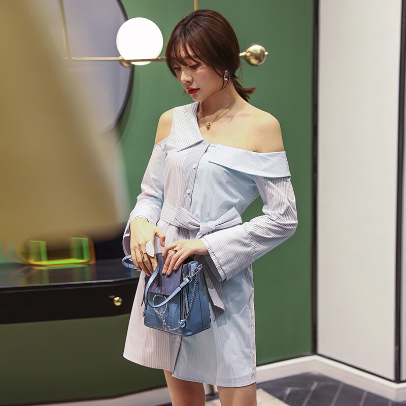 Yigelila Herfst Mode Blauwe Toevallige Enkele Breasted Flare Mouwen Gestreepte Jurk Turn-Down Kraag Met Riem Jurk 65442