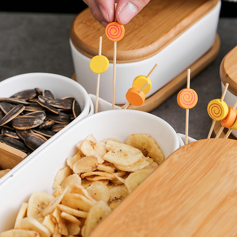 Ceramic Plate Snack Tray with Wooden Cover Wooden Pallets Fruit Plate Salad Bowl Snack Platter Dried Fruit Plates Dim Sum Dish