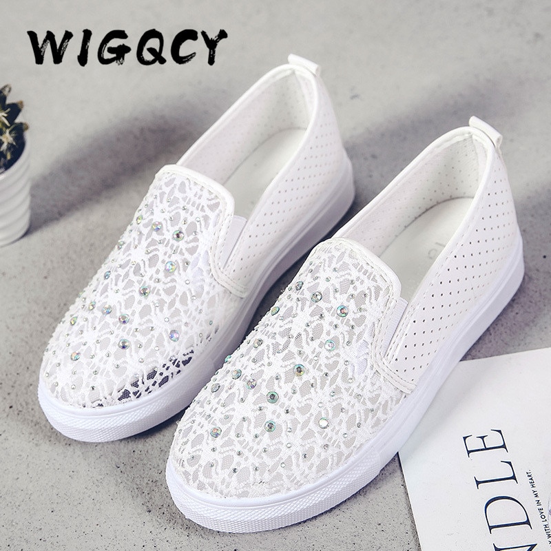 Strass mesh ihåliga vita sneakers kvinnor sommarskor kvinna andas plattform slip-on dam skor dam