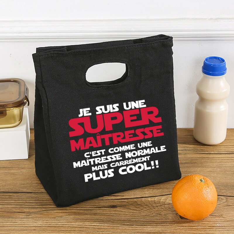 French Print Ice Cream Cooler Bags Lunch Bag Portable Insulated Canvas Bento Tote Thermal School Food Storage Pouch Teacher Gift: BŁĘKITNA