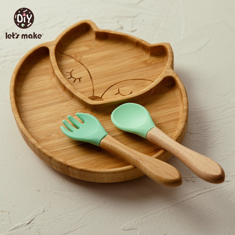 Let&#39;s Make Baby Dinner Plates Set Wooden Cartoon Dinner Plate Fork Spoon Children Feeding Plate Safe Edible Silicone Product