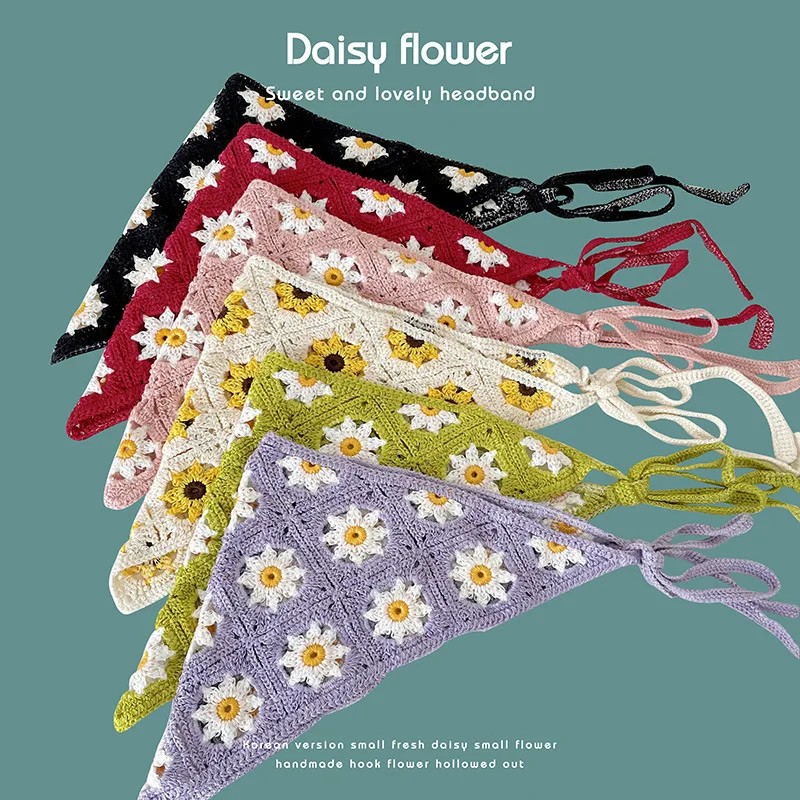 Lenço triangular feito à mão crochê malha bandana para mulheres retro bonito e doce pequena margarida cinta com bandana