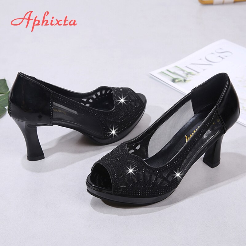 Aphixta peep toe 8cm heels damesschoenen bling kristallen italiaanse stijl air mesh dames extreem hoge hak pumps: Zwart / 9