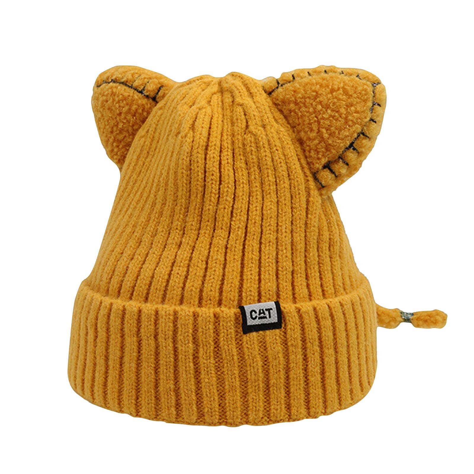 Women Winter Cute Animal Cat Hat Crochet Beanie Hats Photography Knitted Unisex Hat Cotton Blends Solid Warm Soft Hat Cap: Yellow 