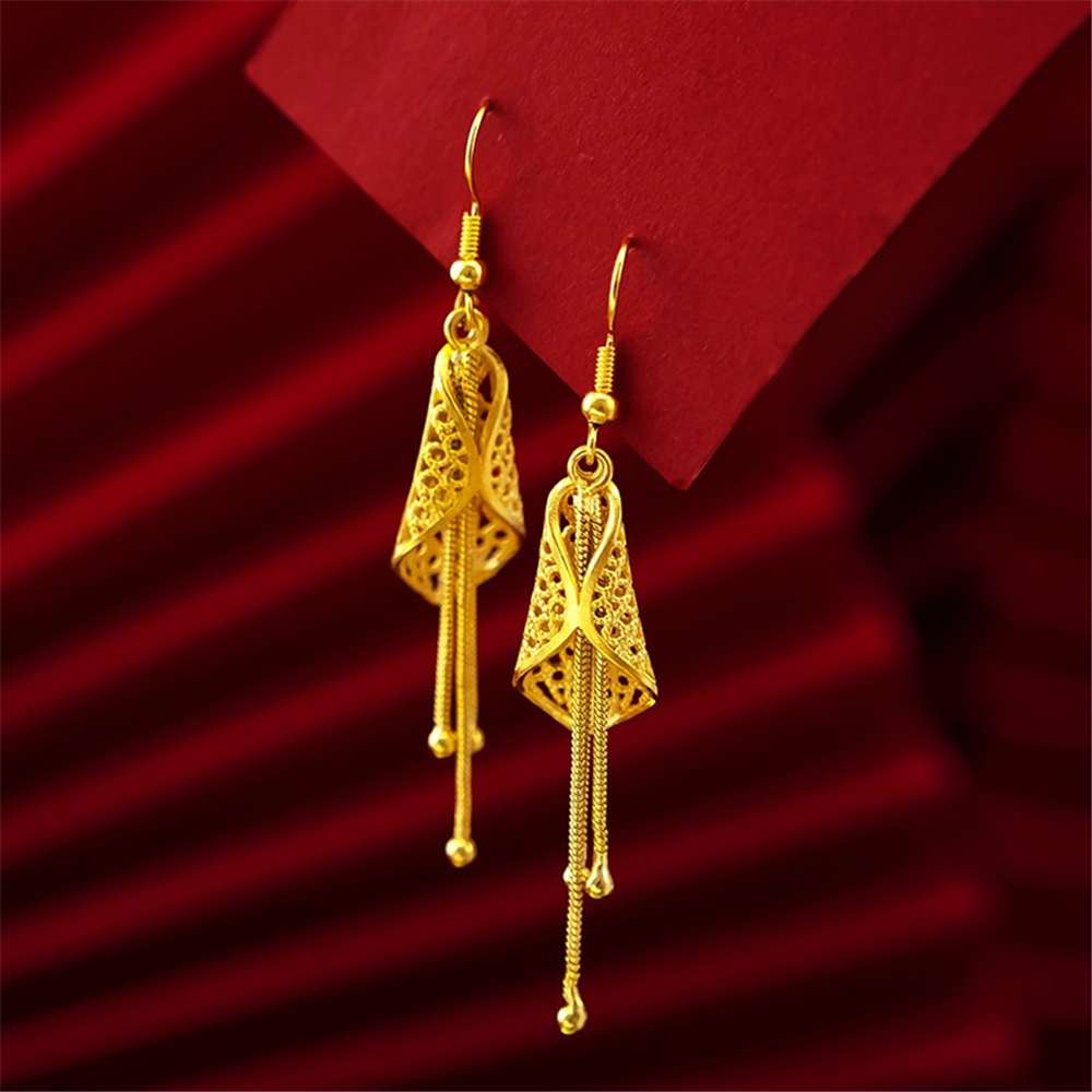 Gouden oorbellen met bedeltjes voor dames, lange oorbellen met kwastjes, oorbellen met kwastjes, feestsieraden.