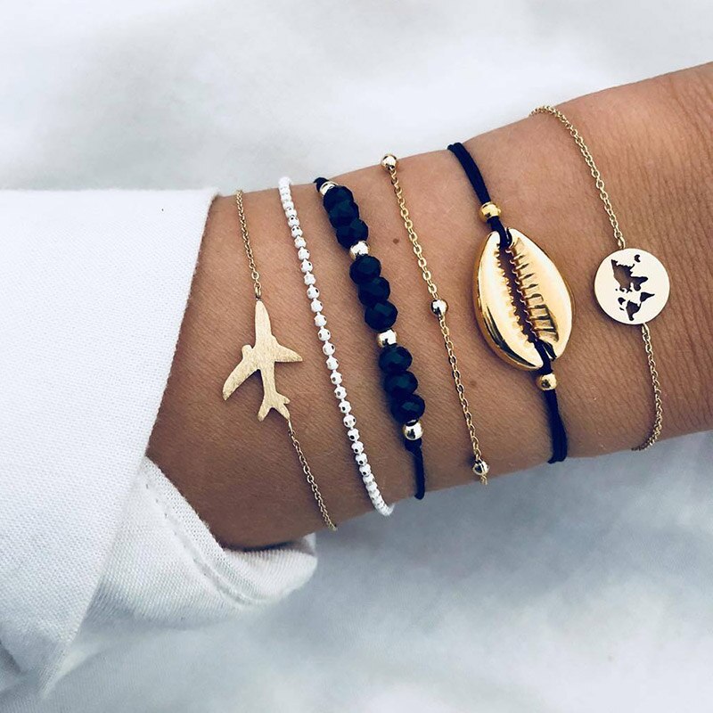 5 teile/satz Böhmen Hülse Mond Charme Armbinde einstellen Für Frauen Herz Geometrische Schwarz Perlen Kette Armreif Mädchen Schmuck