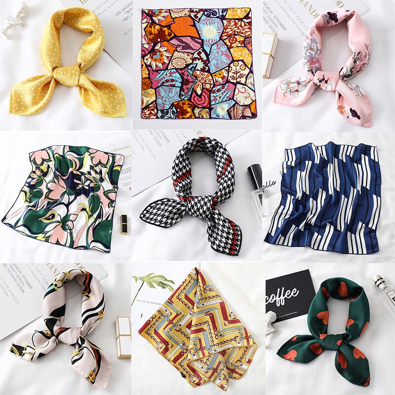 Women Small Satin Silk Scarf Square Print Wrap Foulard Femme Handkerchief Bandana Neck Hair Skinny Tie Scarves Shawls XC