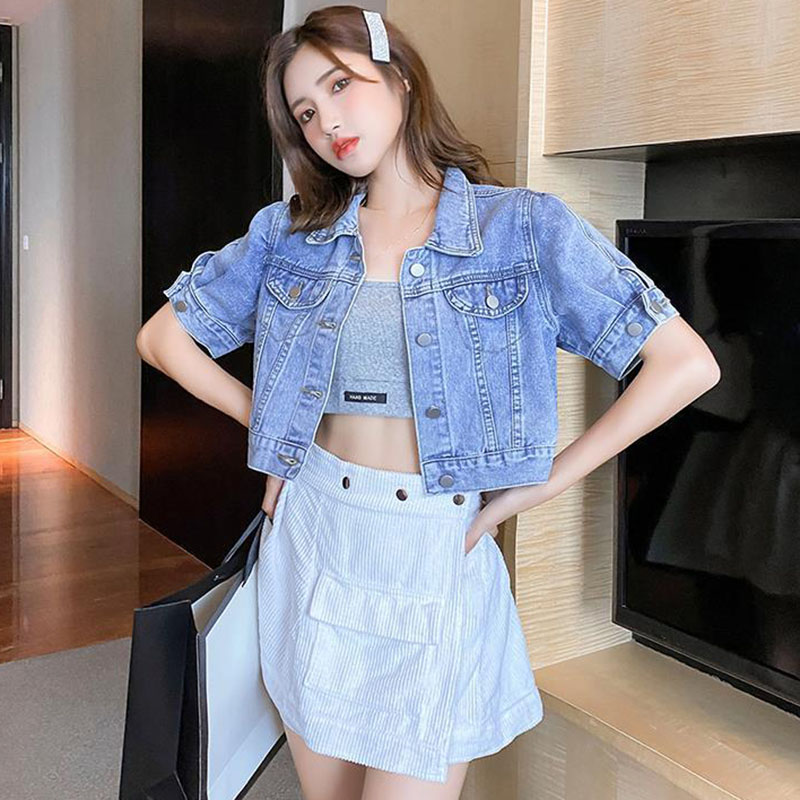 Lucyever cropped denimjakke kvinder sommer koreansk kortærmet overtøj dame knapper turndown krave jeanfrakke