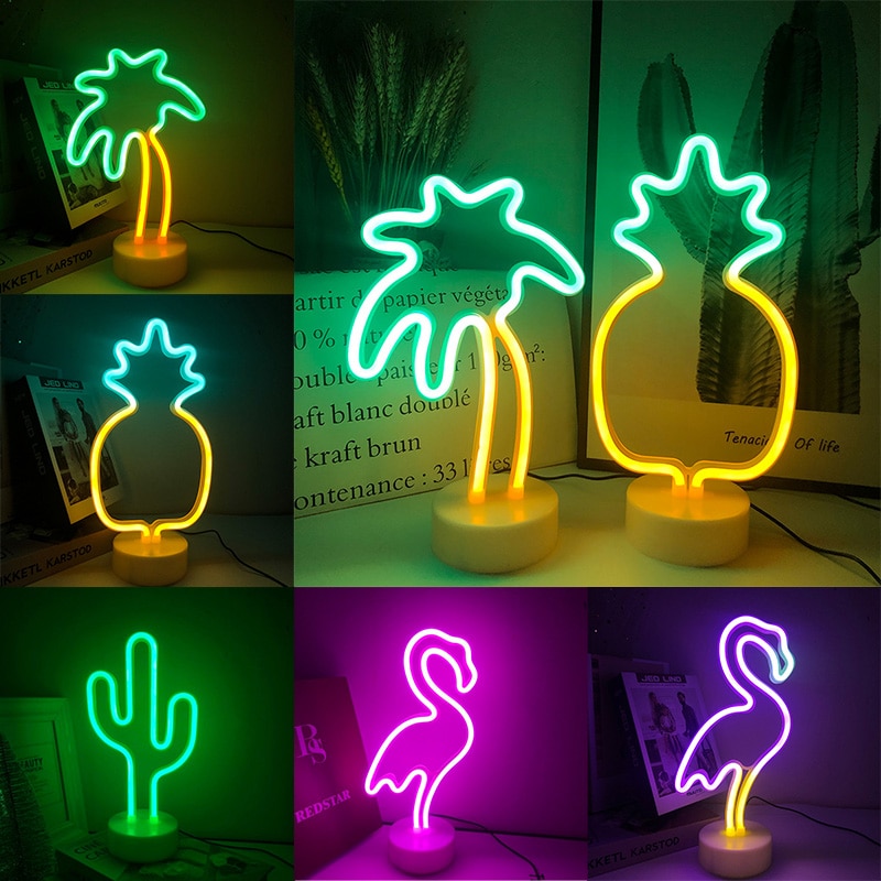 Led Neon Teken Licht Neon Nachtlampje Lamp Tafel Flamingo Kokospalm Ananas Lamp Fotografie Prop Bruiloft Decoratie