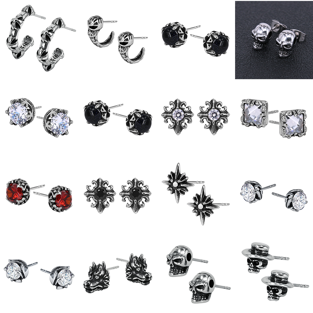 ZS 1 Pair Punk Skull Studs Earrings for Men Hip Pop 316L Stainless Steel Earring Stud Boys&#39; Rock Roll K Pop Ear Piercing Jewelry