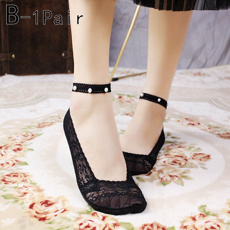 Calcetines cortos transpirables de encaje Floral para mujer, medias finas suaves de estilo coreano, con perlas, para primavera y verano, 1 par: B