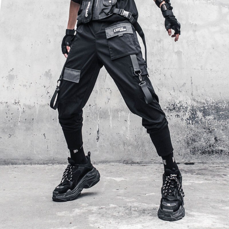 HOUZHOU-pantalones Cargo negros para hombre, ropa de calle japonesa, Hip Hop, gótico, cintas empalmadas
