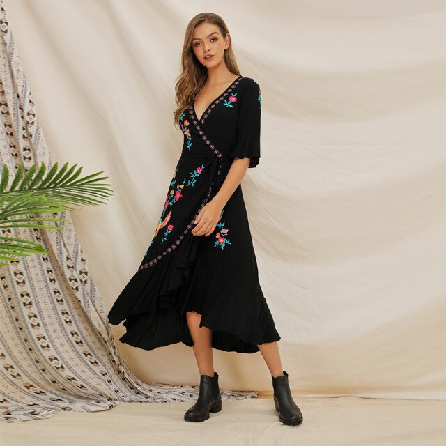 Stijl Katoen Borduurwerk V-hals Zwarte Jurk Bohemian Plus Size Beach Cover Up Vrouwen Tuniek Jurk Vestido A191