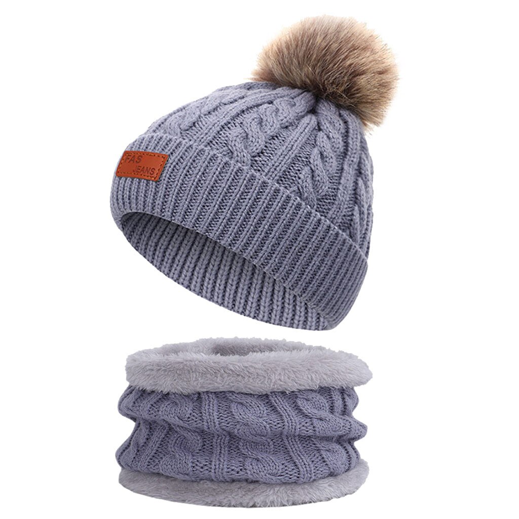 Baby Caps Pompom Hat Crochet Boy Winter Hat Toddler Girl Cap children Winter Warm Beanie Cap with Circle Loop Scarf Set#G30: Gray