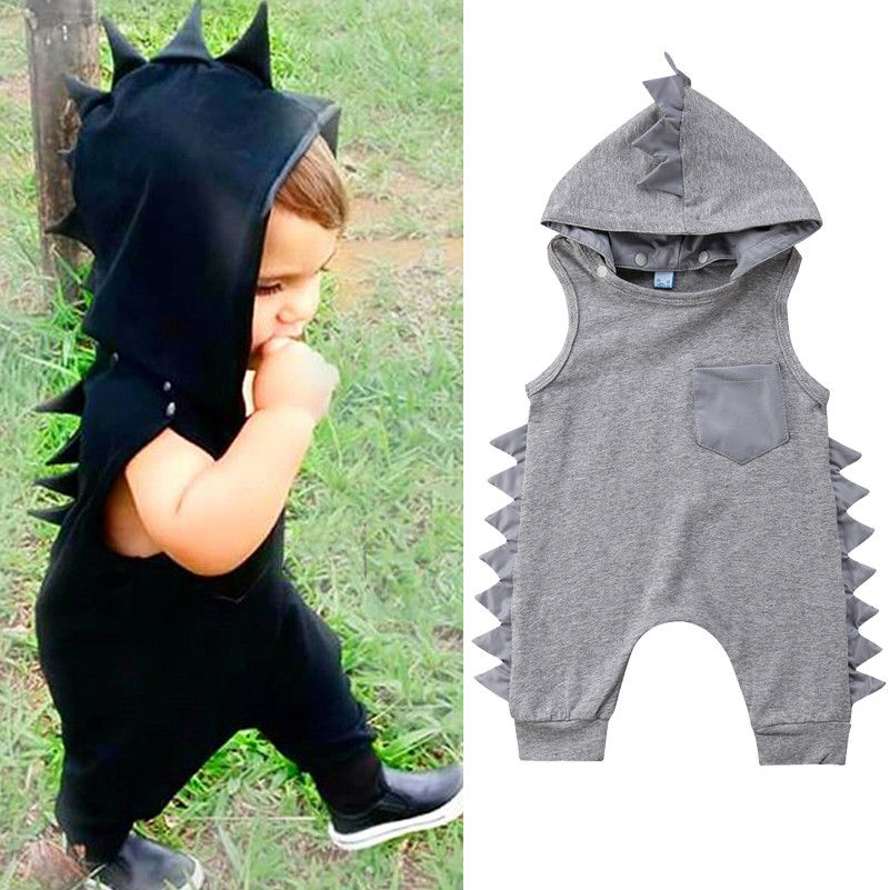 Dinosaurus Hooded Afneembare Baby Kleding Kid Infant Jongen Meisje Mouwloze Solid Baby Rompertjes Jumpsuit Zomer Outfit Geboren Te 3Y