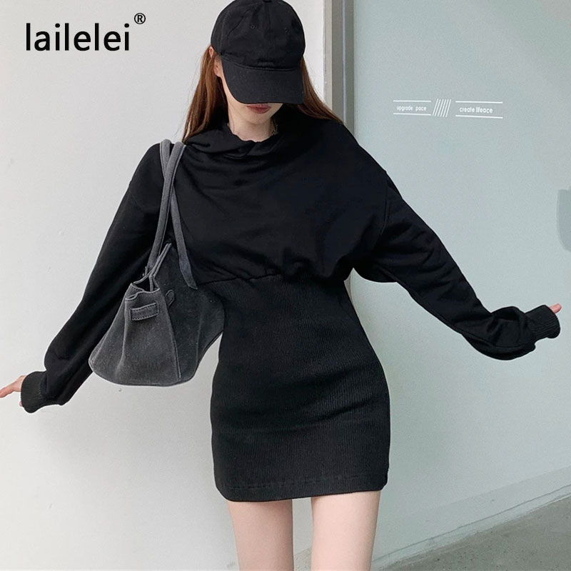 Hoodies sweatshirt stickad klänning mini svart långärmad bomull vinter vestido corto casual koreansk harajuku höstrock femme