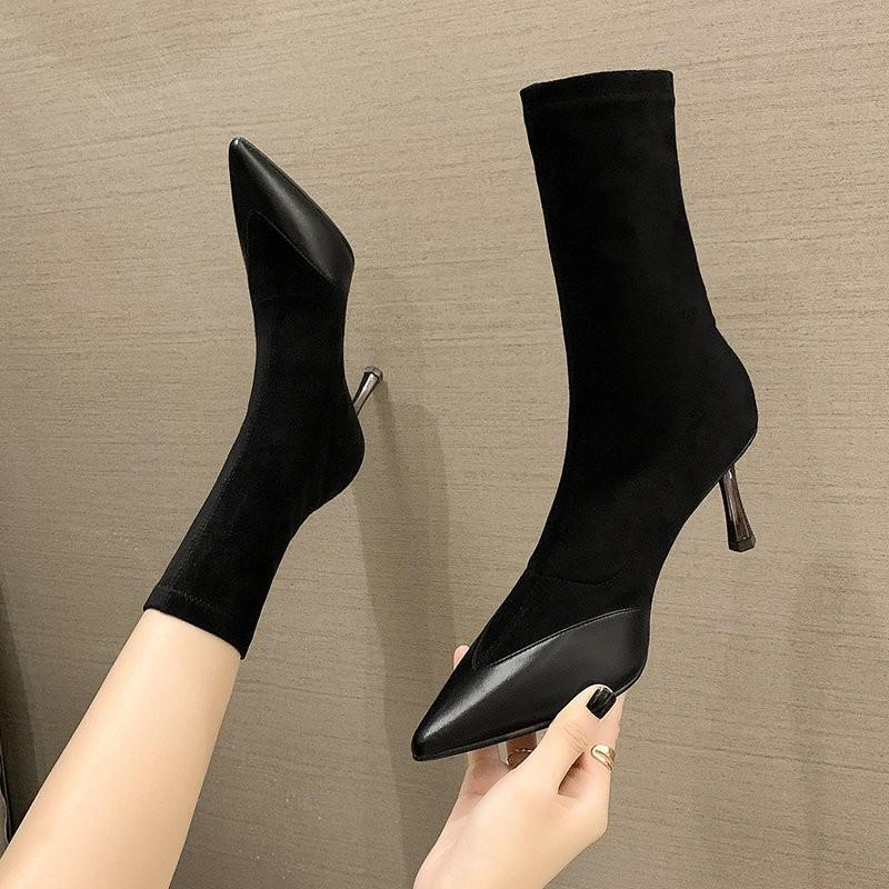 lack Boots High Heels Women Shoes Suede Short Boots Winter Shoes Women Pointed Toe Boots Botas De Mujer Ankle Rome Sock: 4CM / 40