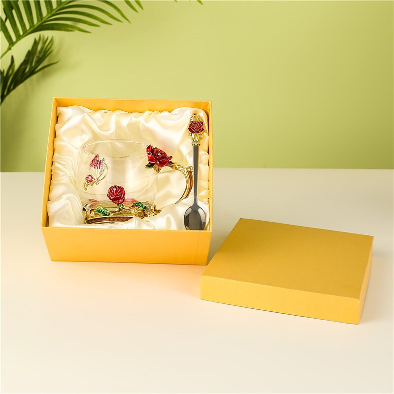 Europäischen Stil Emaille Glas Tasse Kaffee Milch Trinken Blume Getränk Tee Tasse einstellen mit Deckel Löffel Kasten Paar Glas typ bilden: Orange