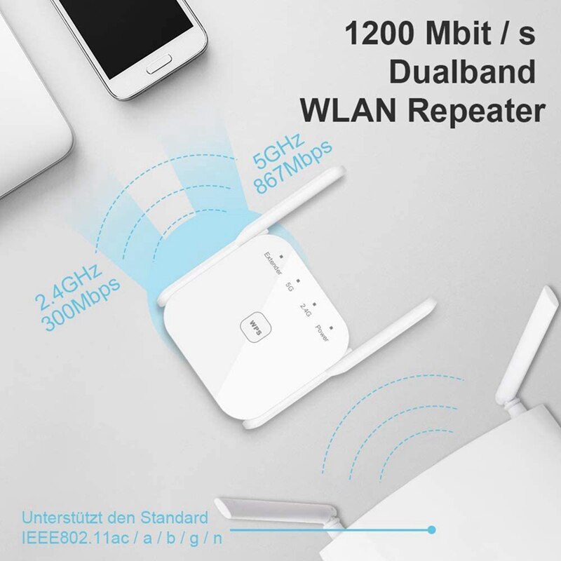 -WiFi Amplifier 1200 Mbit / S WiFi Repeater 867 Mbit / S / 5 GHz 300 Mbit / S (2.4 GHz) Dual Band WPS Wireless EU Plug