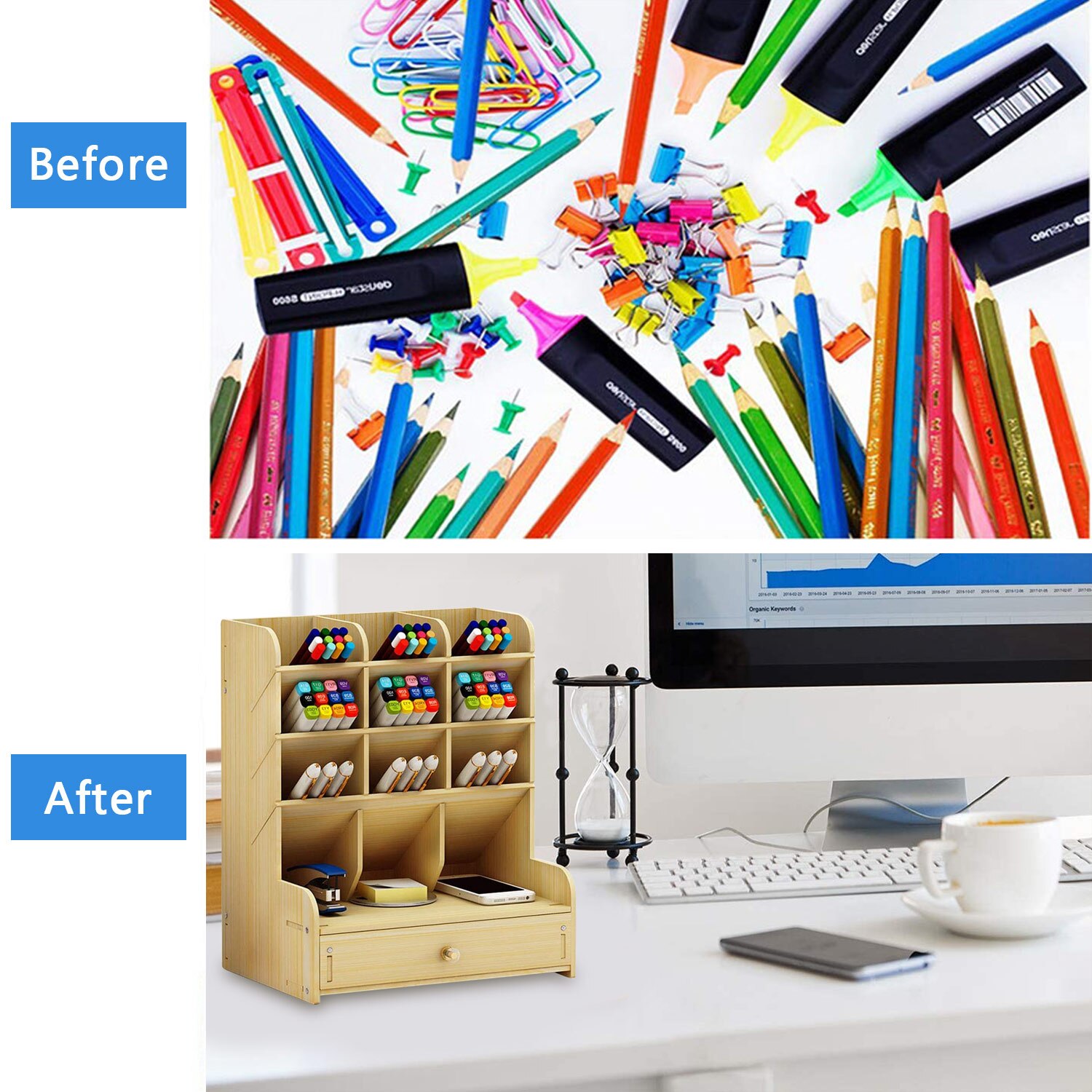 Organizador de Mesa de madeira DIY Caixa Rack de Armazenamento com Gaveta de Lápis Caneta Titular bloco de Notas para o Escritório Da Escola Para Casa e Jardim