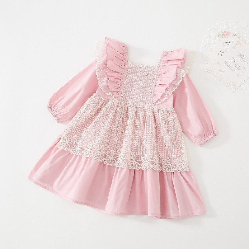 1195D 2022 Spring Korean Girls Dresses Long Sleeve Lace Vest and Flare Sleeve Dresses Princess Birthday Party Girls Clothes: Pink / 100cm 3T