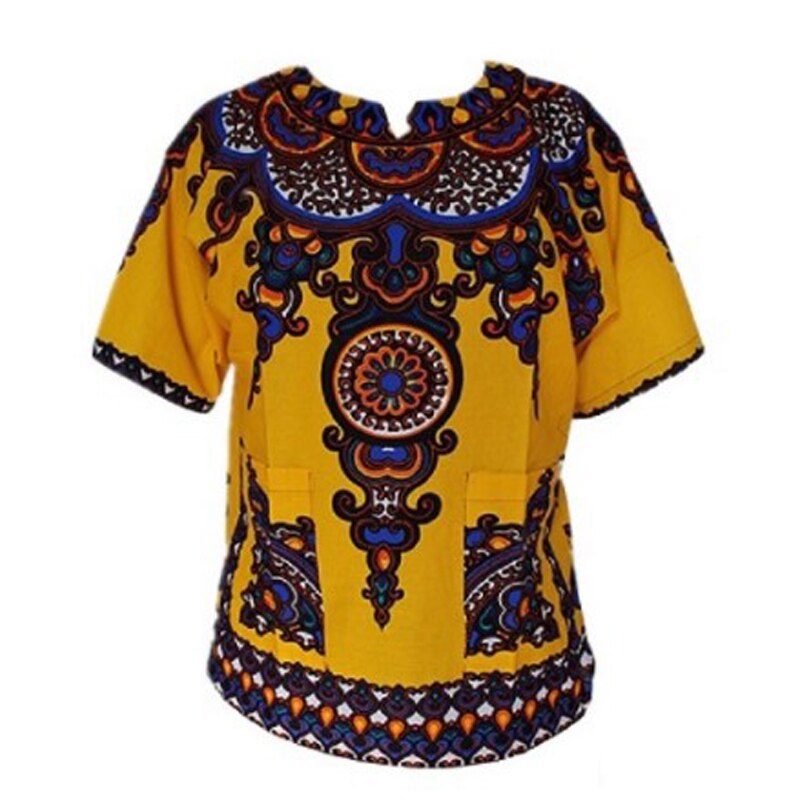 100% Katoen Afrikaanse Traditionele Print Korte Mouw Dashiki Kleding voor Mannen: new yellow