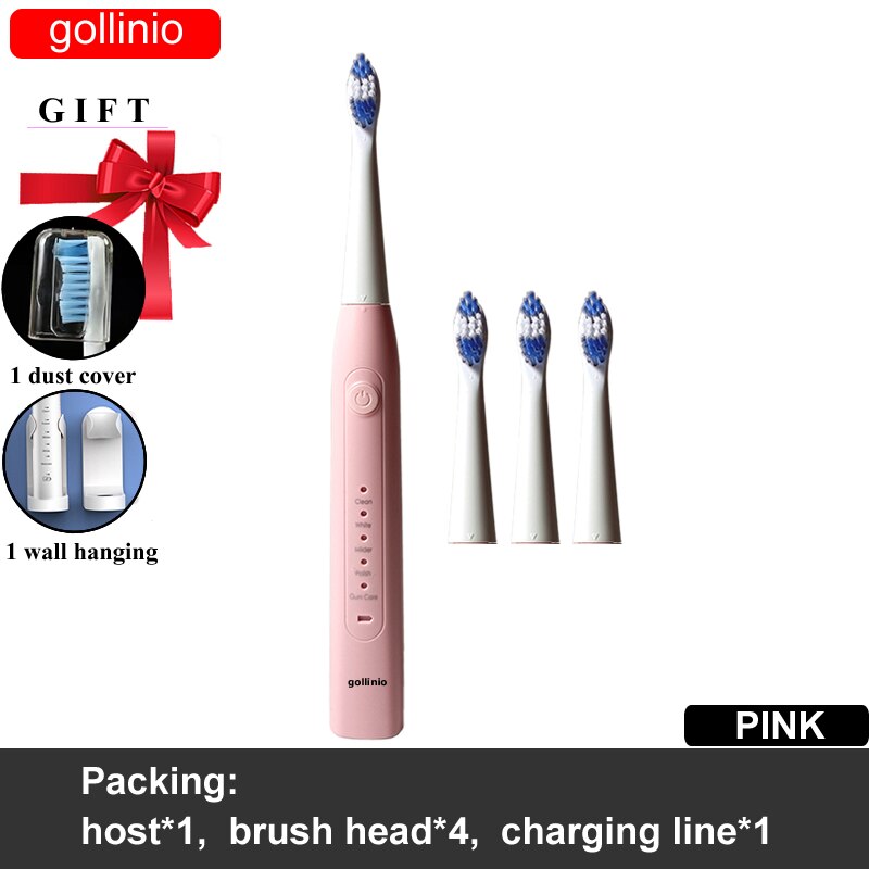 Gollinio Electric Toothbrush usb fast charging GL09F Adult teeth brush Rechargeable smart Replacement Head: GL09PINK4H-H