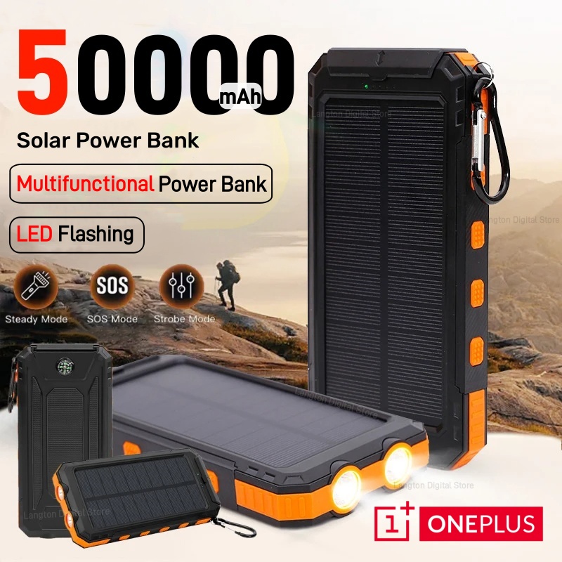 Banco de energía Solar de 50000mAh, cargador portátil de carga rápida de gran capacidad, cordón, brújula, batería externa, energía de respaldo para exteriores