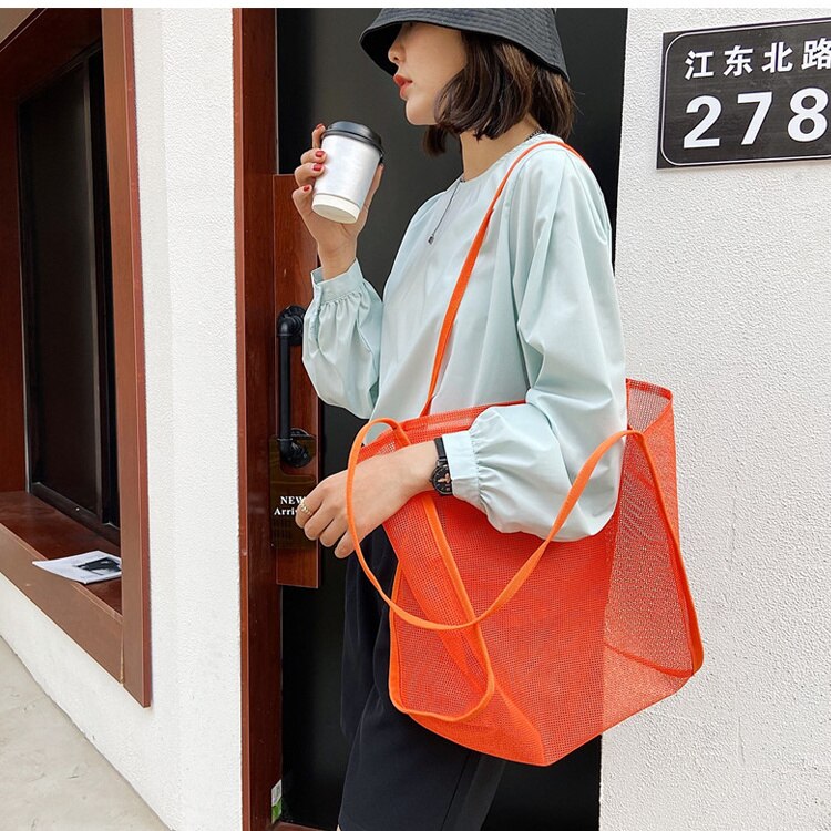 Mode Zomer Vrouwen Mesh Strandtassen Vrouwelijke Grote Schoudertas Shopper Bag Effen Kleur Dames Opvouwbare Casual Tote Oranje Handtassen