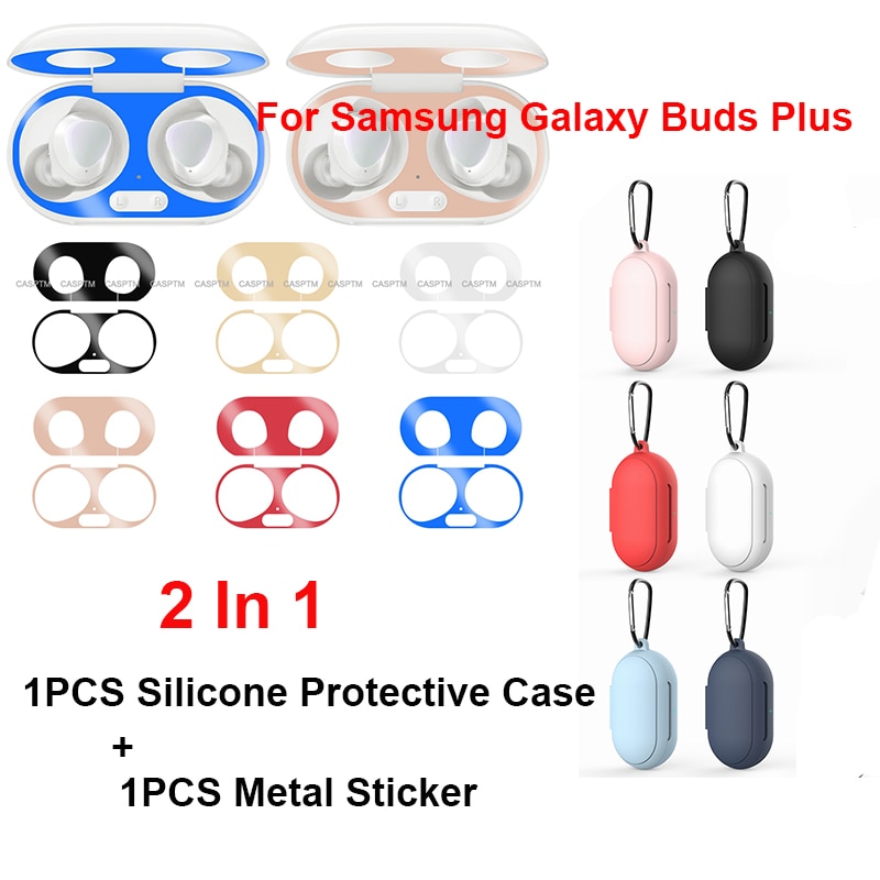 2 in 1 Soft Silicone Protective Case Cover For Samsung Galaxy Buds Plus Metal Colorful Sticker For Samsung Galaxy Buds Plus