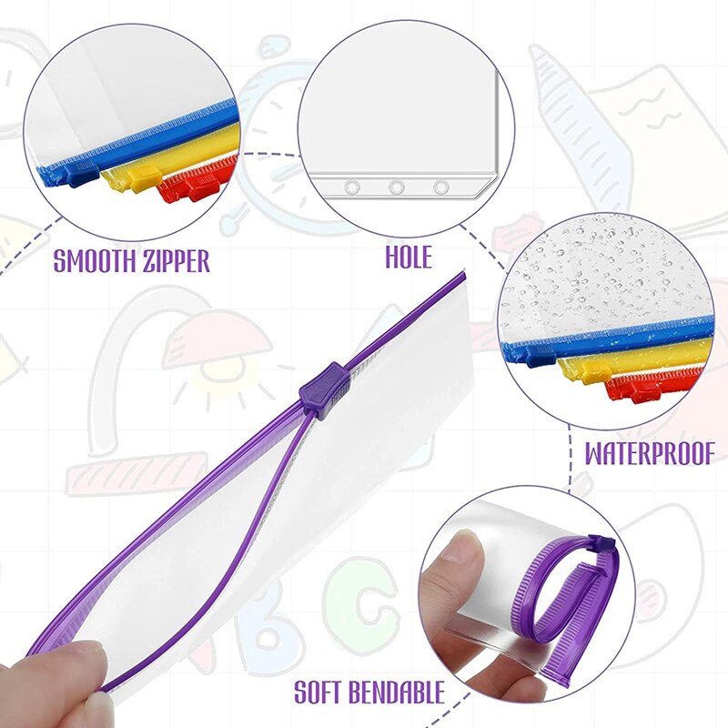 16 Pieces A6 Binder PVC Pockets Loose Leaf Bags Pouch Document Filing Bags for 6-Ring Notebook Binder Planner, 8 Colors