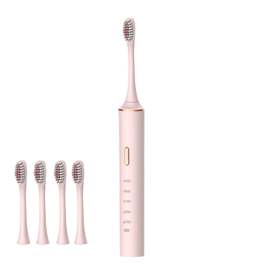 Electric Toothbrush Adult Timer Brush 5 Mode USB Charger Rechargeable Tooth Brushes With 4 Replacement Heads: Pink