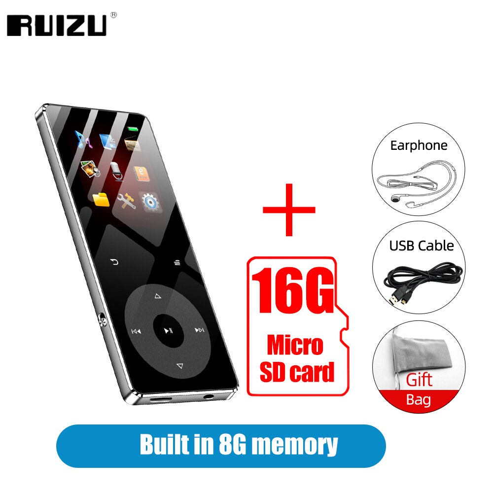 RUIZU – lecteur MP3 Hifi à écran tactile X02B, avec Bluetooth 5.0, haut-parleur intégré, Support de carte TF, Radio vidéo, enregistrement, Ebook: 8G Silver Add 16G TF