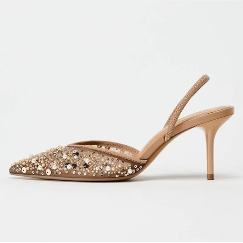 Bling snöre pärlnät andningsbara klacksandaler dam sexiga spetsig tå lyxiga dampumps slingbacks höga klackar