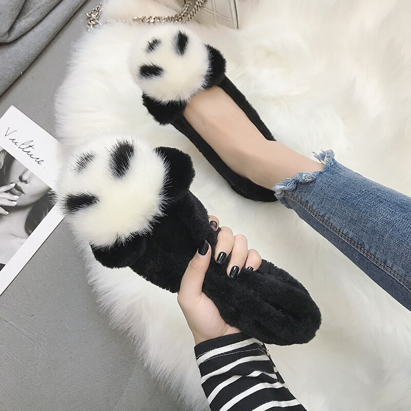 Plus size 35-43 fuskepels kvinner loafers panda plysj slip on flate sko kvinne båtsko leiligheter dyrepels varm damesko 6865