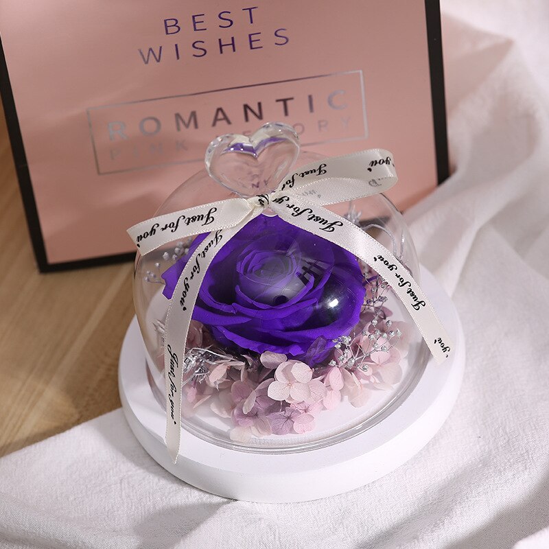 La belle et la bête Rose éternelle en flacon dôme en verre pour saint valentin décoration fête de mariage fête des mères: 19-Purple