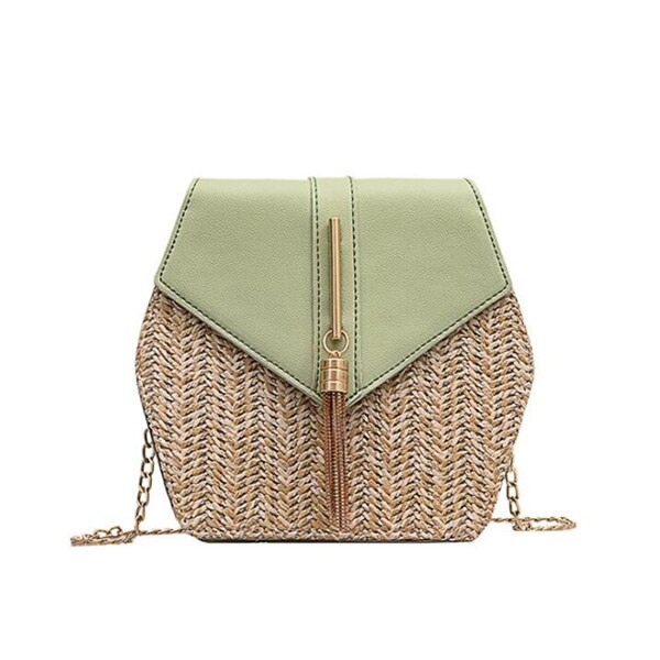 Hexagon Mulit Stil Stroh + leder Handtasche Frauen Sommer Rattan Tasche Handarbeit Gewebt Strand Kreis Böhmen Schulter Tasche Neue: Green B