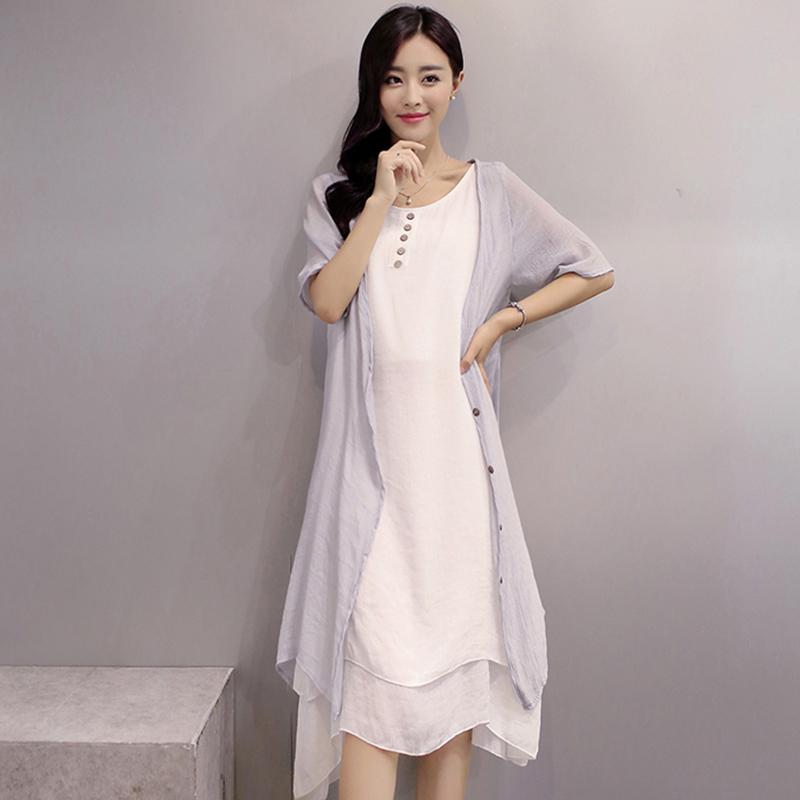 Yfashion Women Dresses Spring Summer Retro Linen Dress Summer Sleeveless Buttons Dress+Thin Coat Set Women Two Piece Set