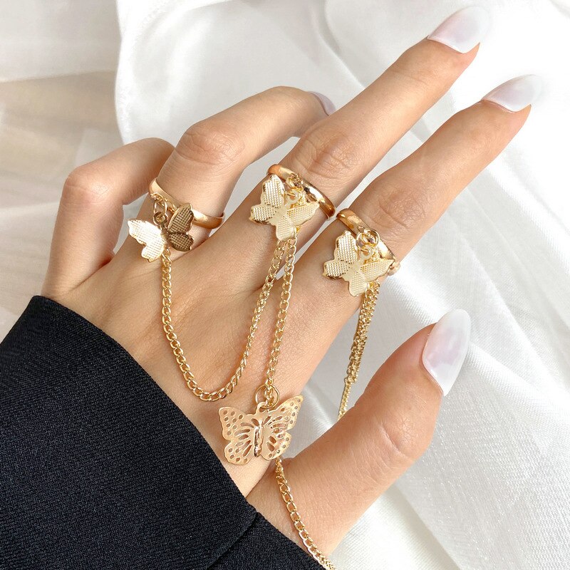Double Finger Chain Rings for Women Alloy Adjustable Open Finger Ring Party Trend Jewelry: 13