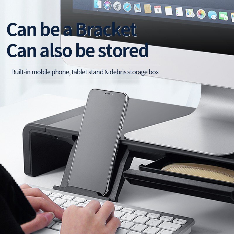 Aluminum Monitor Stand Riser Computer with Drawer Desktop Holder Bracket Organizer for iMac/ MacBook Keyboard Mouse Desk Storage