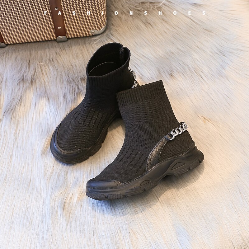 Autumn Kids Stretch Boots Baby Girls Slip On Sock Boots Black Casual Children&#39;s Sneakers Breathable High-top Shoes